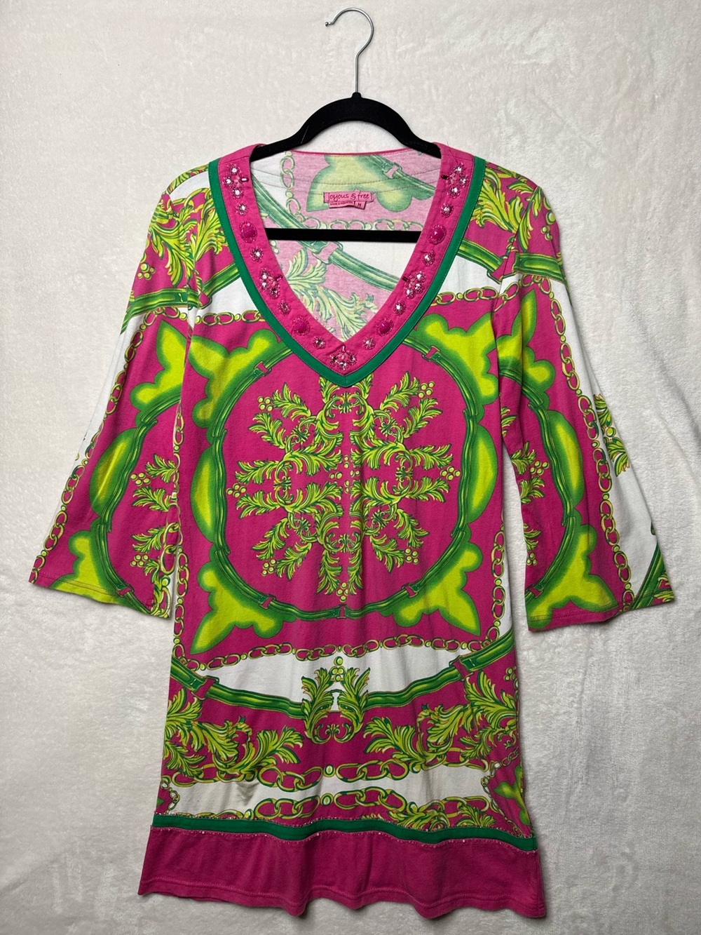 Joyous & Free Bohemian V-Neck Tunic Dress w/ Sequins & Beads M Cotton Pink Green